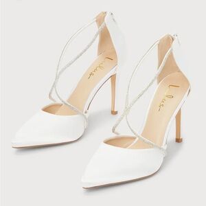 Lulus Aidan White Satin Rhinestone Pointed Toe Pumps